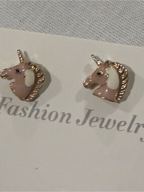 Pink Unicorn Stud Earrings with Gold Trim